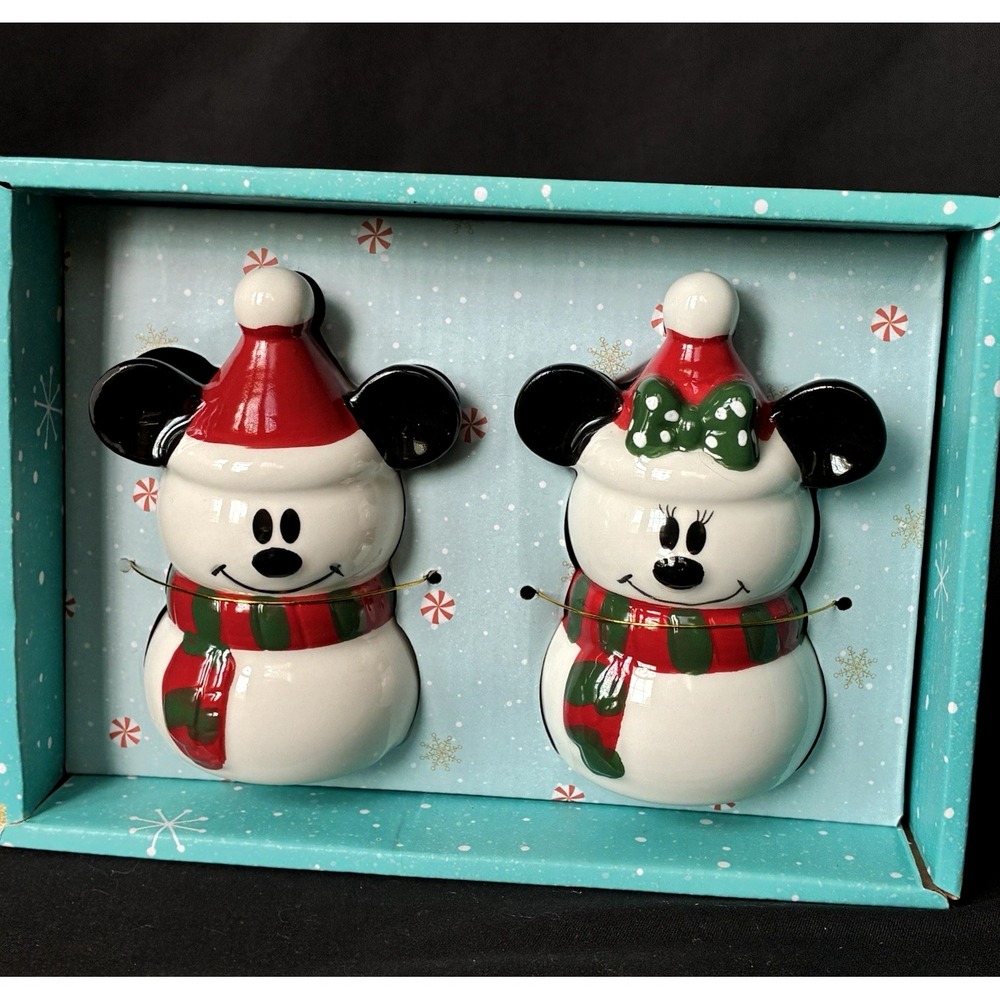 Disney Mickey & Minnie Mouse Snowman Salt Pepper Shakers Christmas Holiday Decor